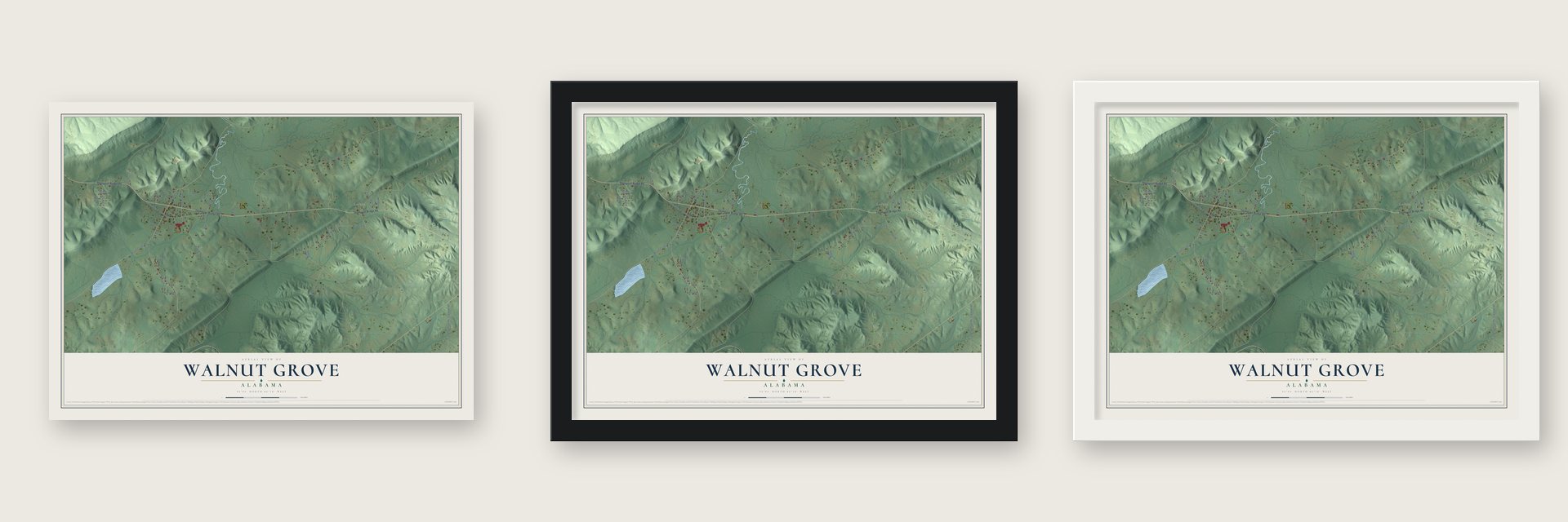 Walnut Grove, Alabama map unframed, in a black wood frame and in a white wood frame