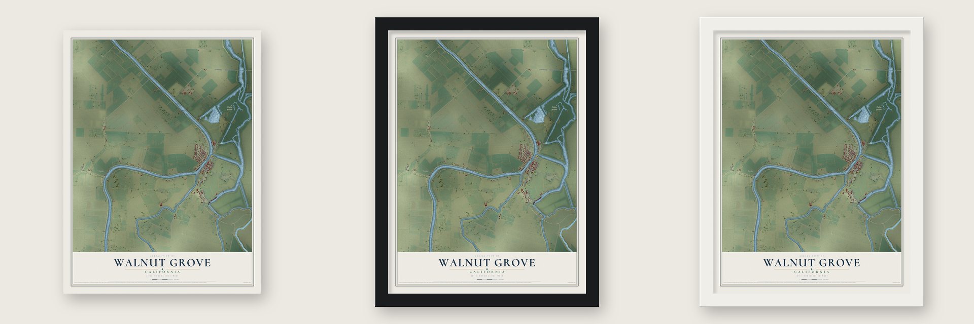 Walnut Grove, California map unframed, in a black wood frame and in a white wood frame