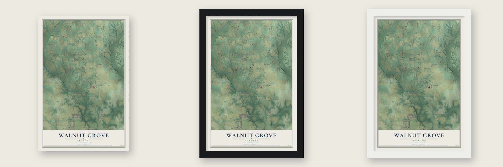 Walnut Grove, Madison County, Alabama map unframed, in a black wood frame and in a white wood frame