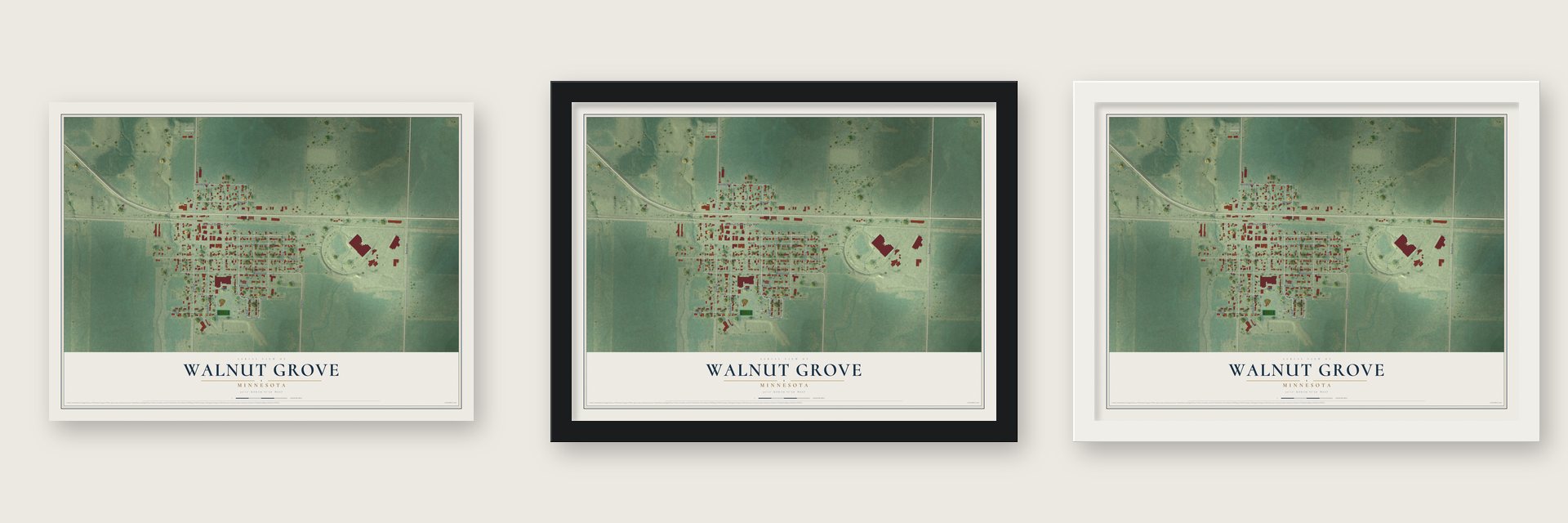 Walnut Grove, Minnesota map unframed, in a black wood frame and in a white wood frame