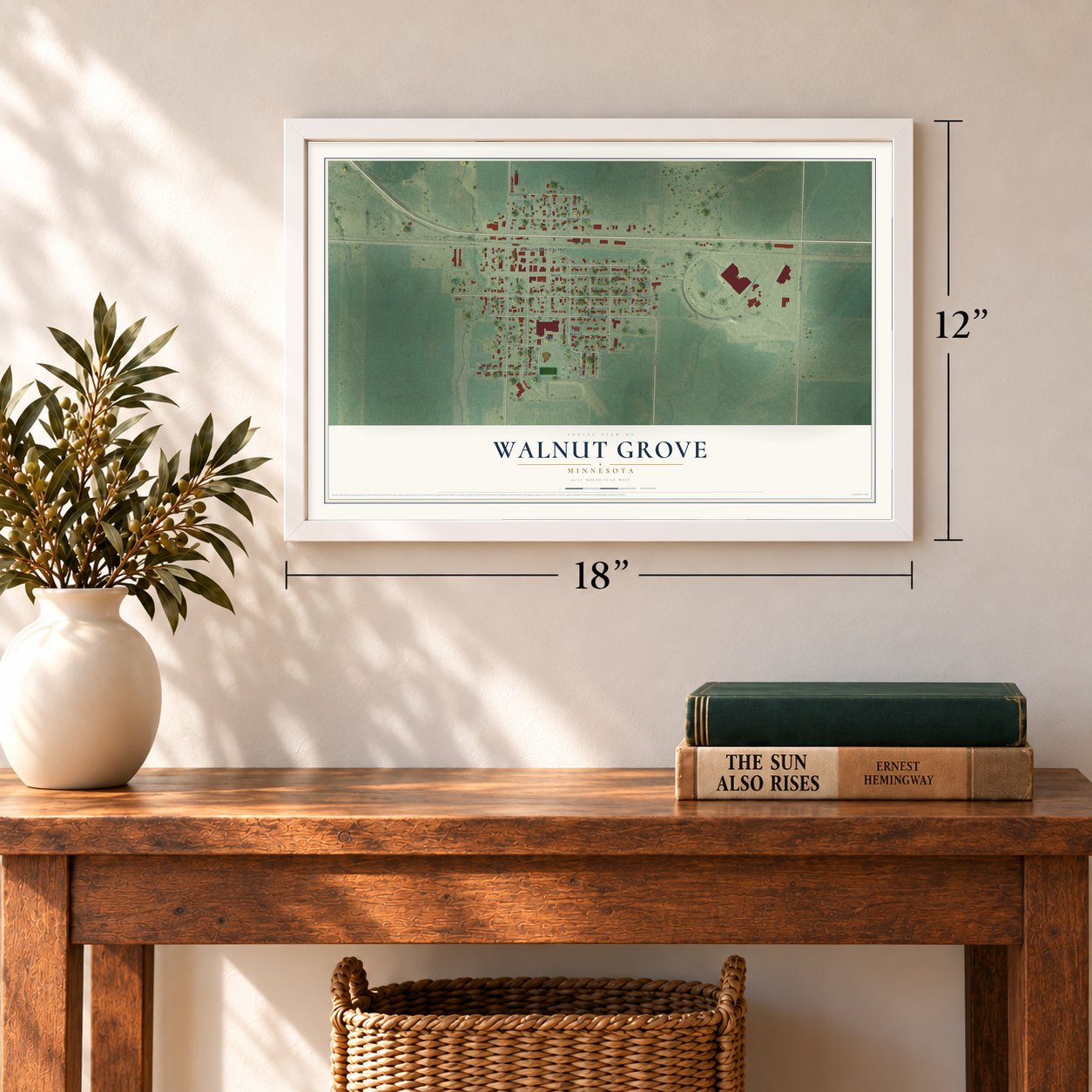 Walnut Grove, Minnesota map, 12 x 18 inch print in a white frame in an entryway