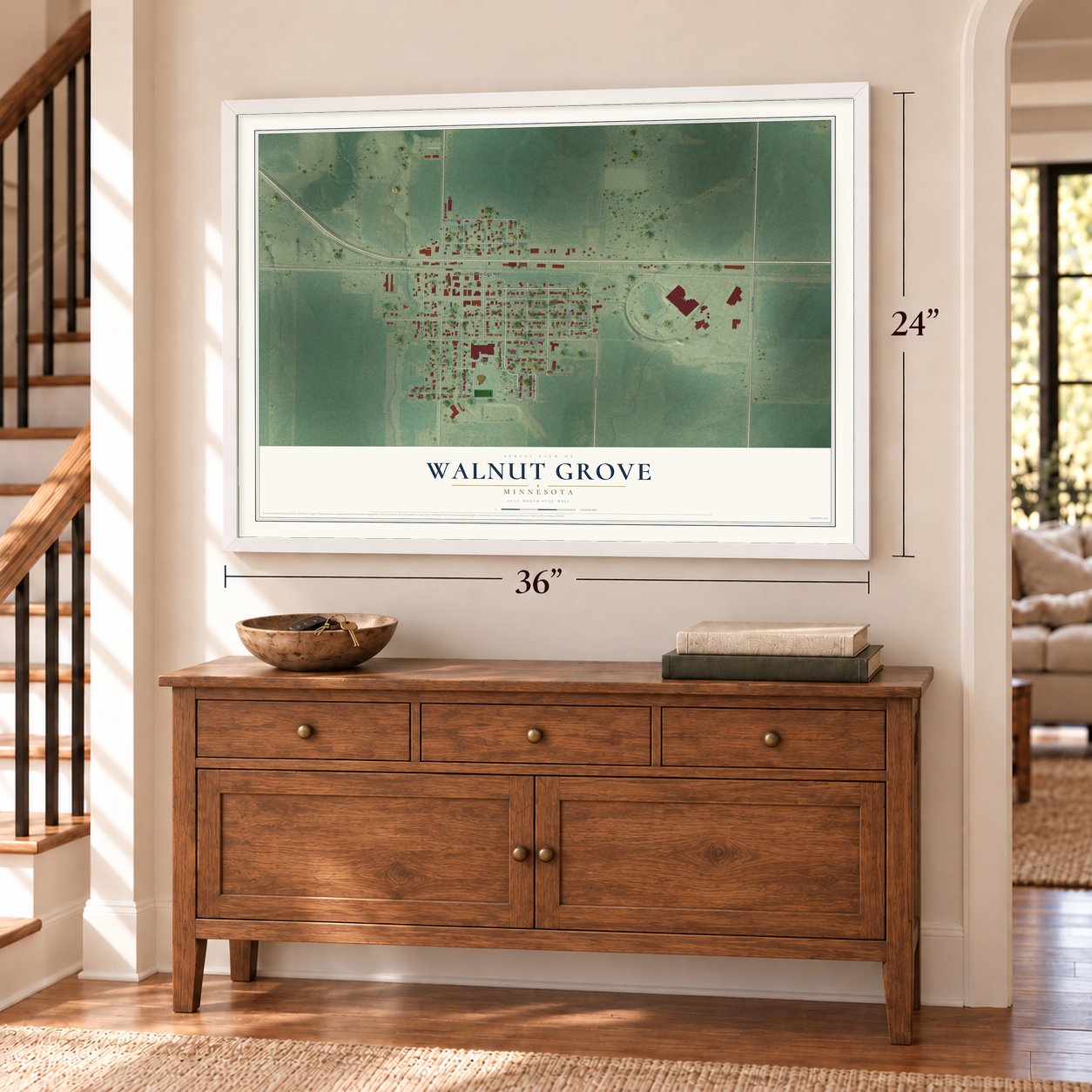 Walnut Grove, Minnesota map, 24 x 36 inch print in a white frame above a dresser by a staircase