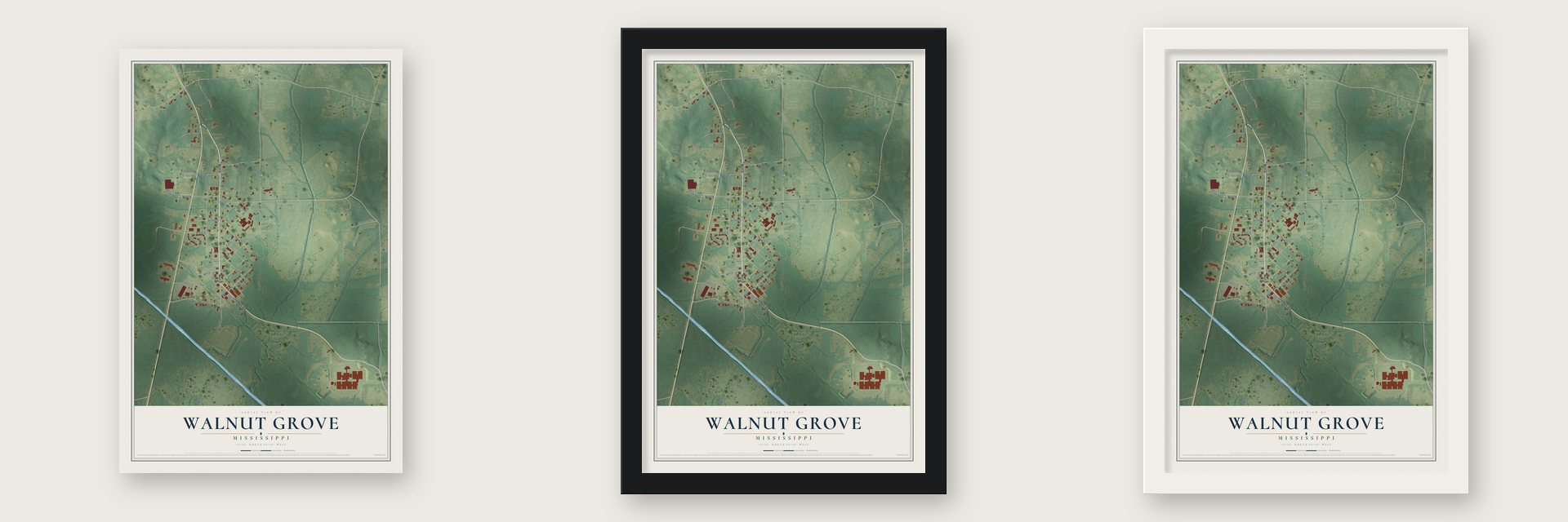 Walnut Grove, Mississippi map unframed, in a black wood frame and in a white wood frame