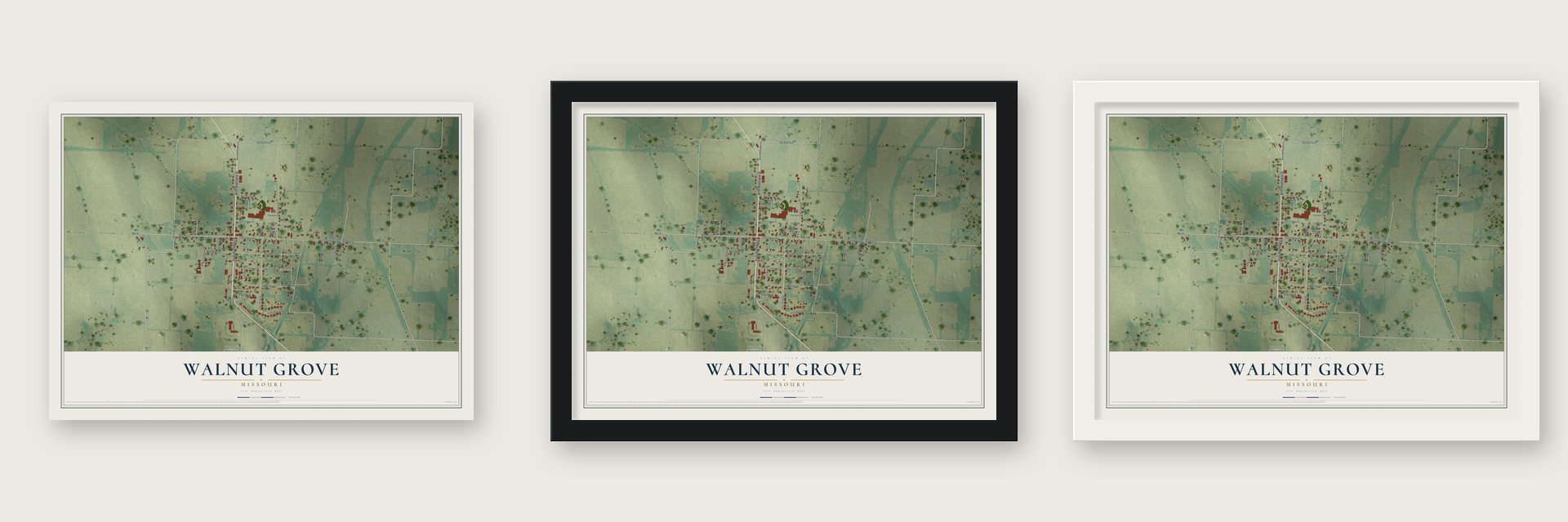 Walnut Grove, Missouri map unframed, in a black wood frame and in a white wood frame