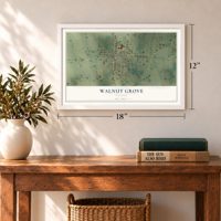 Walnut Grove, Missouri map, 12 x 18 inch print in a white frame in an entryway