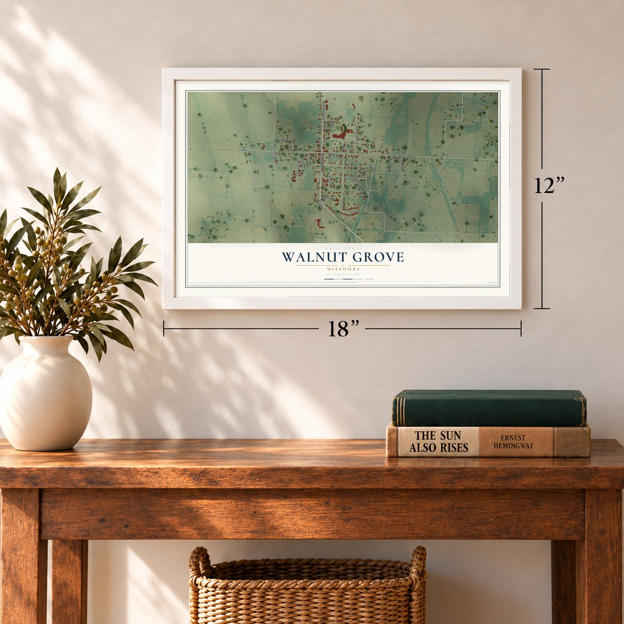 Walnut Grove, Missouri map, 12 x 18 inch print in a white frame in an entryway