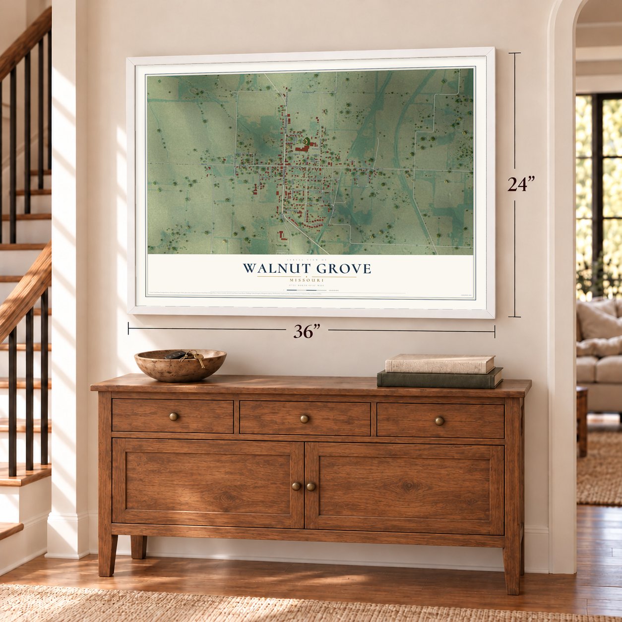 Walnut Grove, Missouri map, 24 x 36 inch print in a white frame above a dresser by a staircase