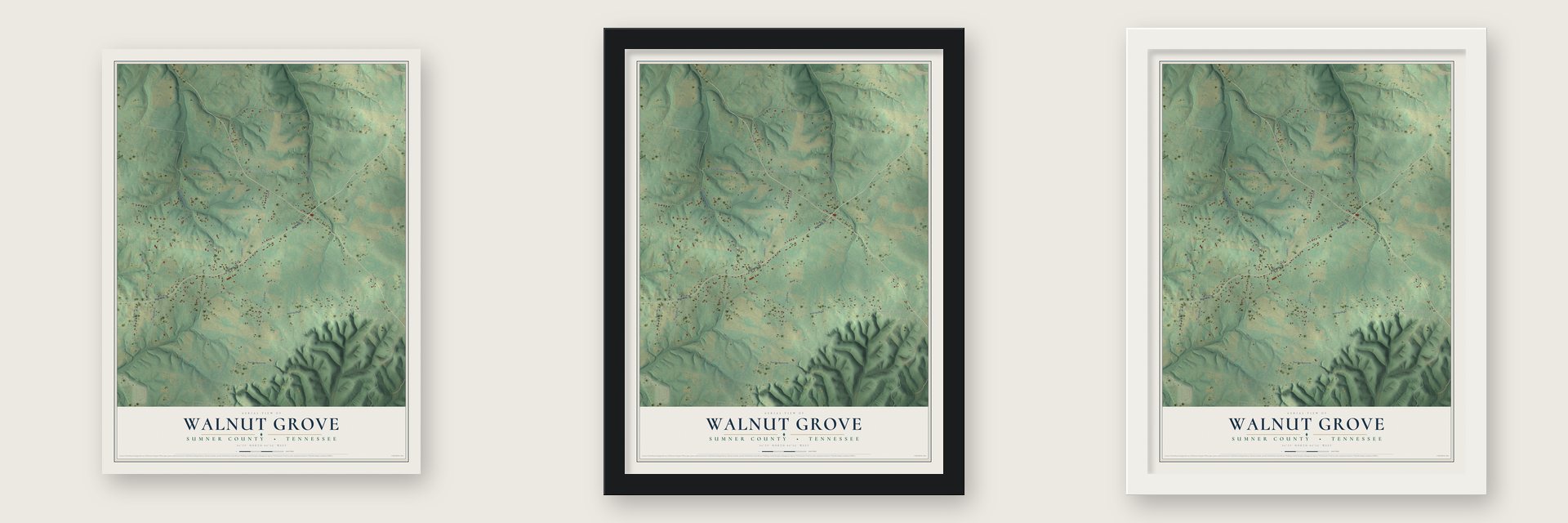 Walnut Grove, Sumner County, Tennessee map unframed, in a black wood frame and in a white wood frame