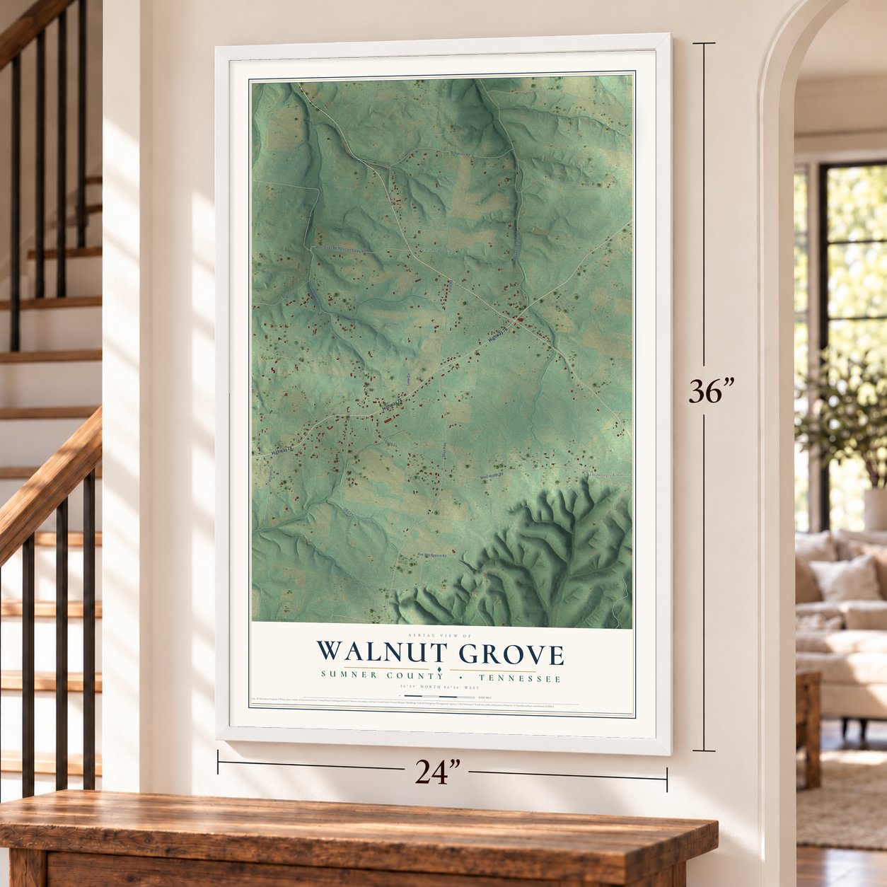 Walnut Grove, Sumner County, Tennessee map, 24 x 36 inch print in a white frame by a staircase