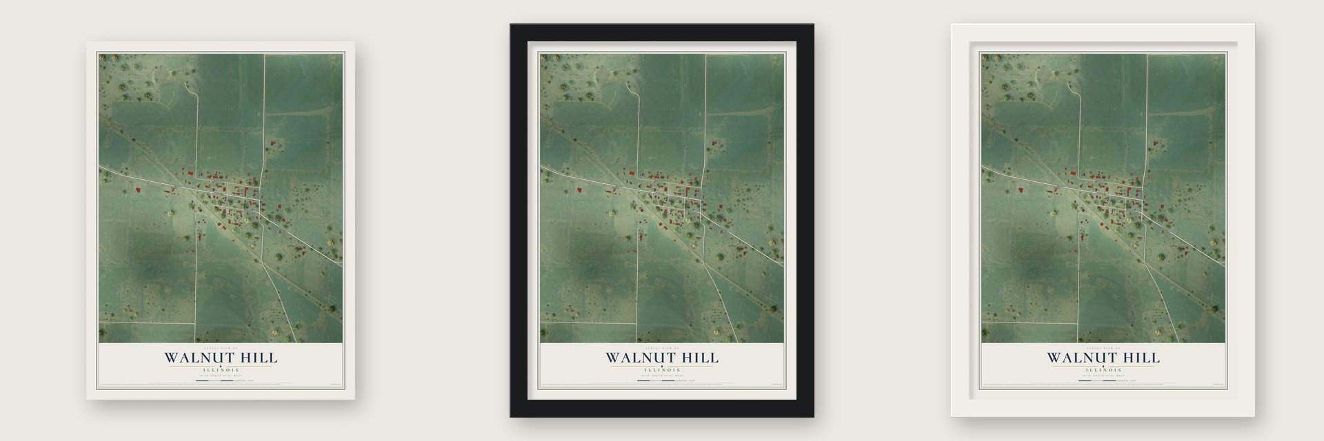 Walnut Hill, Illinois map unframed, in a black wood frame and in a white wood frame