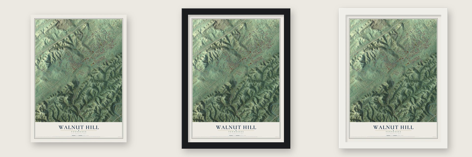 Walnut Hill, Tennessee map unframed, in a black wood frame and in a white wood frame