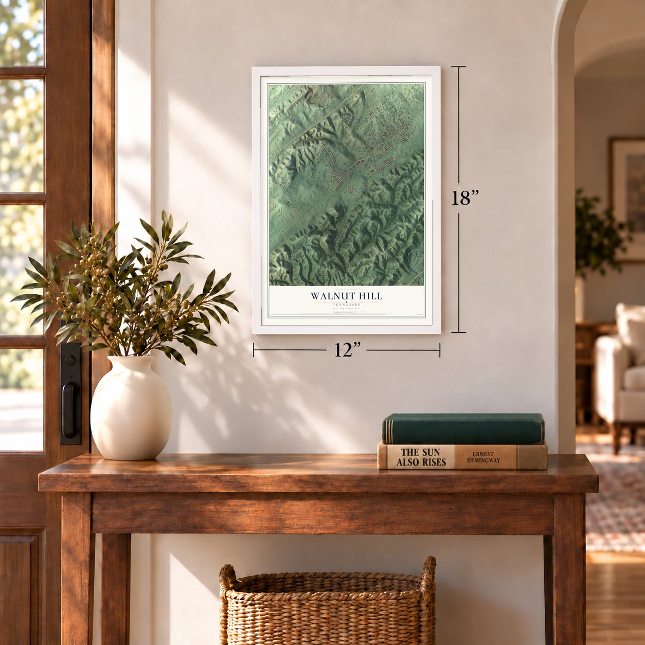 Walnut Hill, Tennessee map, 12 x 18 inch print in a white frame in an entryway