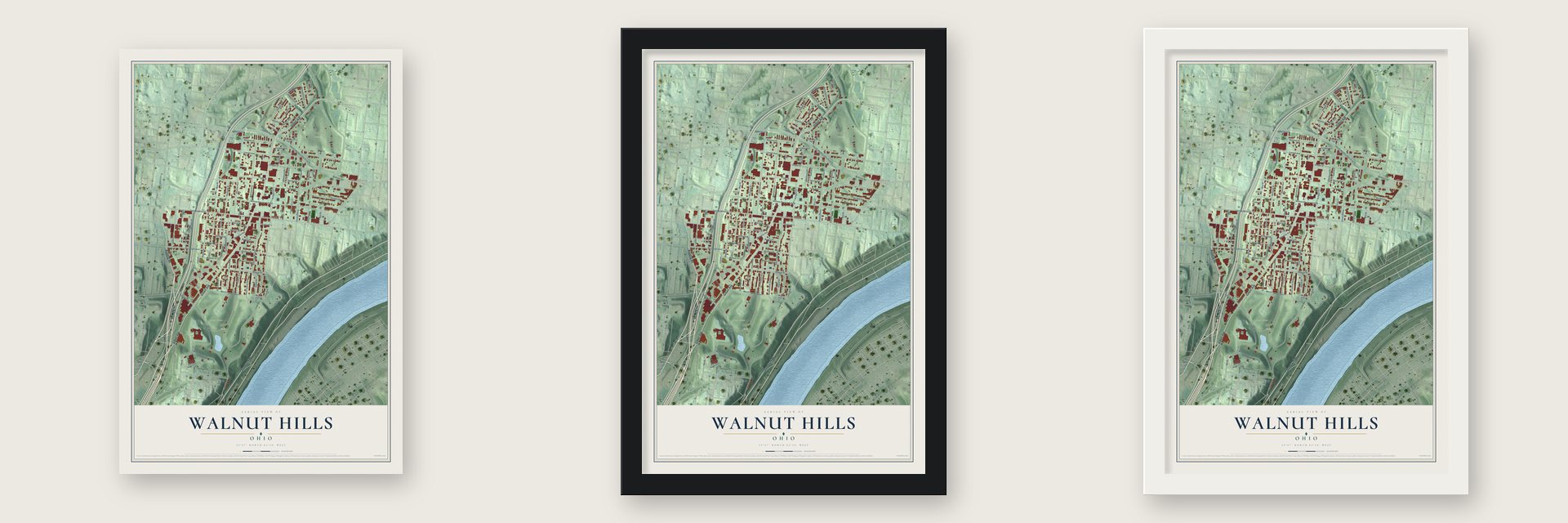 Walnut Hills, Ohio map unframed, in a black wood frame and in a white wood frame