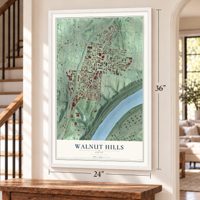 Walnut Hills, Ohio map, 24 x 36 inch print in a white frame by a staircase