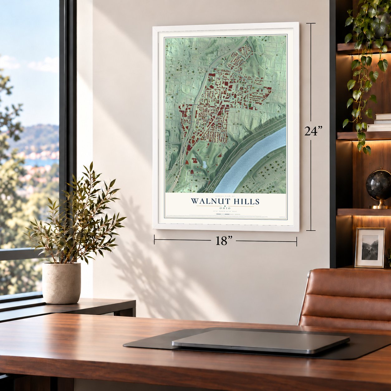 Walnut Hills, Ohio map, 18 x 24 inch print in a white frame in a home office