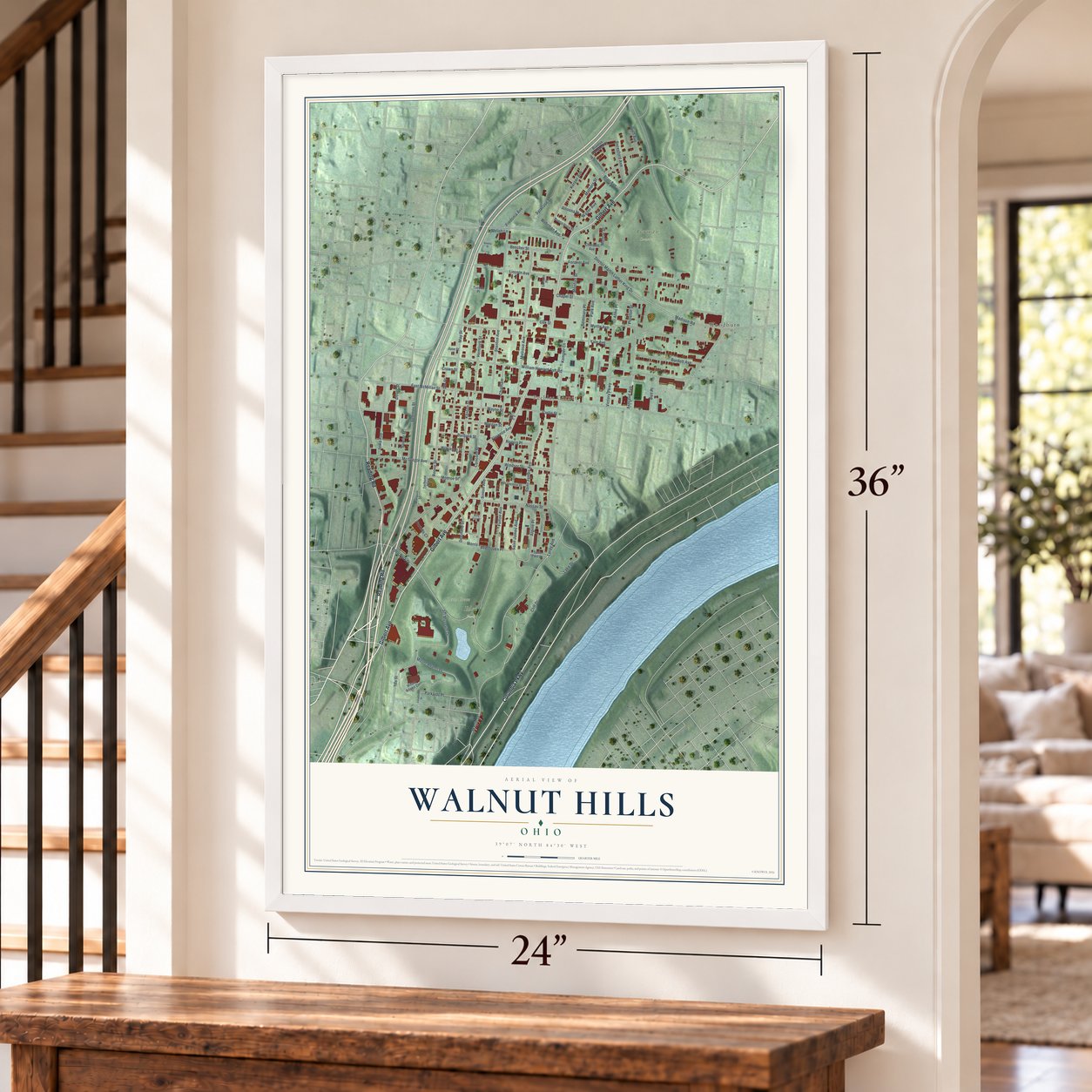 Walnut Hills, Ohio map, 24 x 36 inch print in a white frame by a staircase