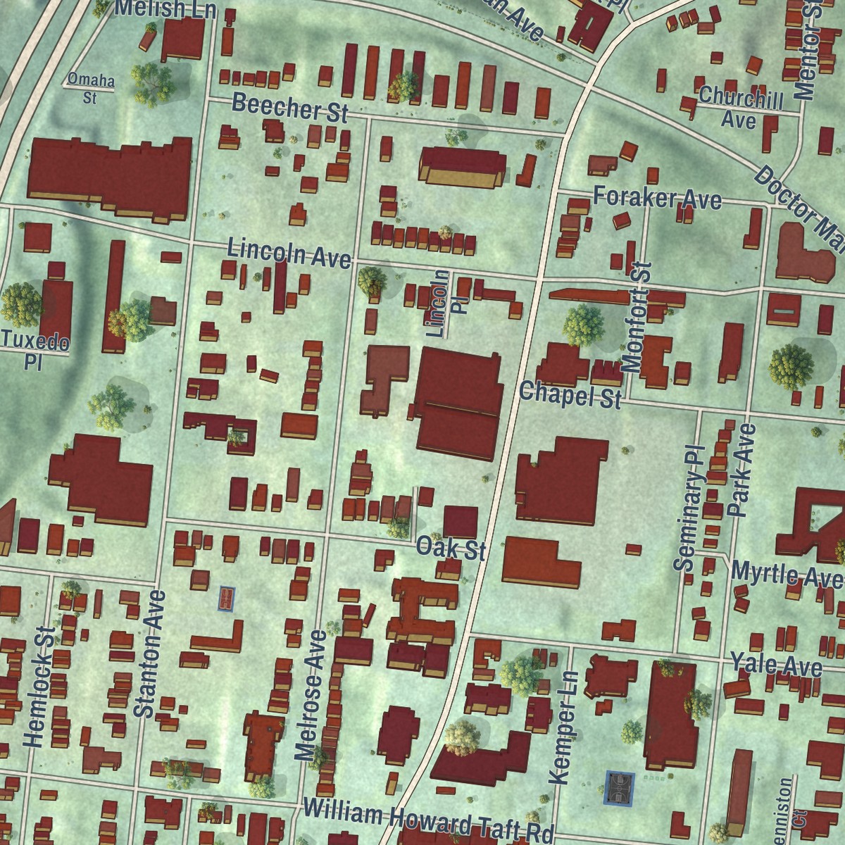 Second close-up of the map of Walnut Hills, Ohio print showing more streets and buildings