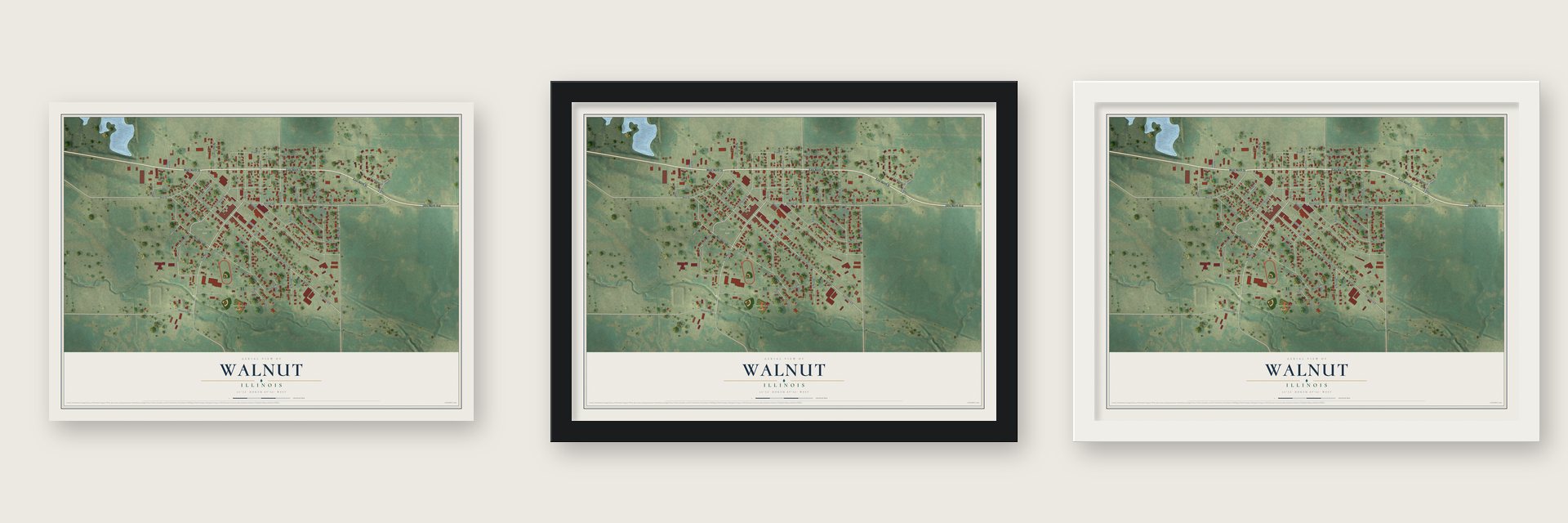 Walnut, Illinois map unframed, in a black wood frame and in a white wood frame