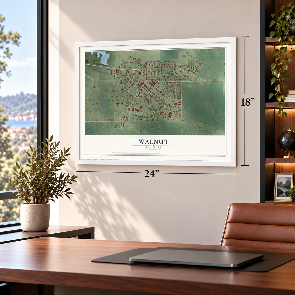 Walnut, Illinois map, 18 x 24 inch print in a white frame in a home office