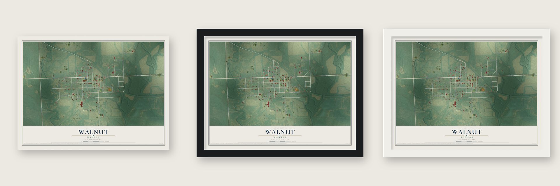 Walnut, Kansas map unframed, in a black wood frame and in a white wood frame