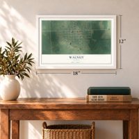 Walnut, Kansas map, 12 x 18 inch print in a white frame in an entryway
