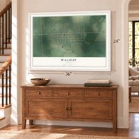 Walnut, Kansas map, 24 x 36 inch print in a white frame above a dresser by a staircase