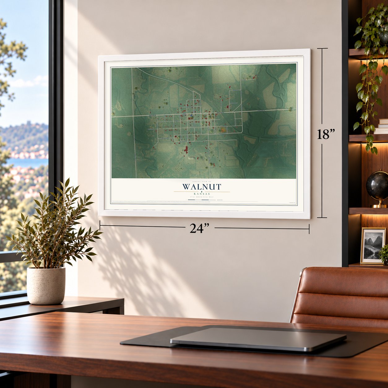 Walnut, Kansas map, 18 x 24 inch print in a white frame in a home office