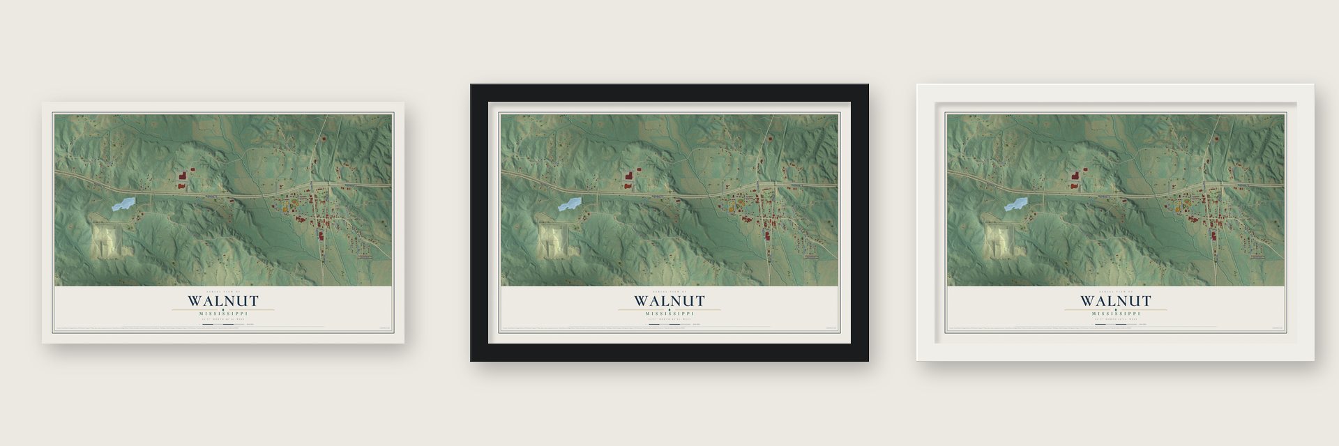 Walnut, Mississippi map unframed, in a black wood frame and in a white wood frame