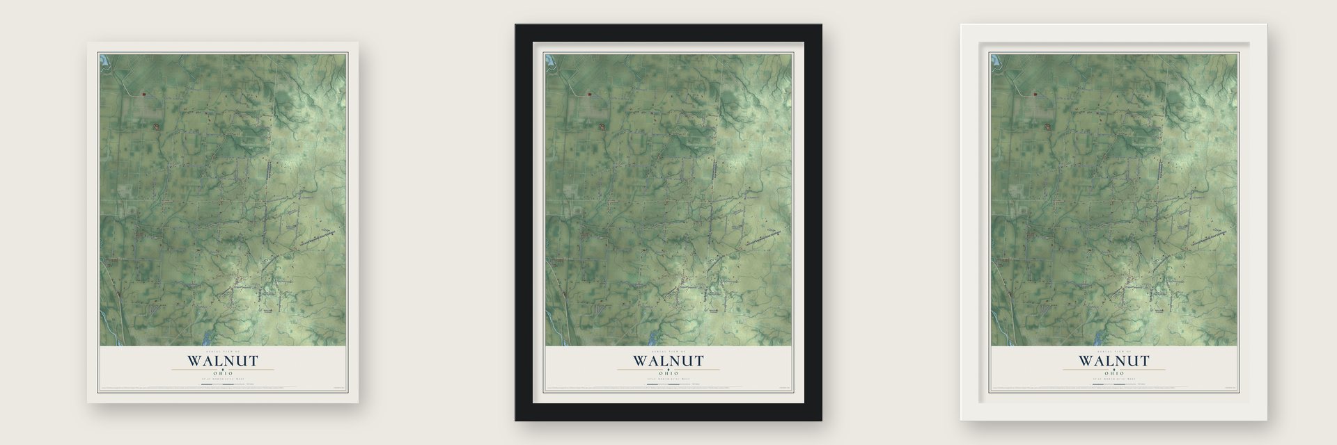 Walnut, Ohio map unframed, in a black wood frame and in a white wood frame