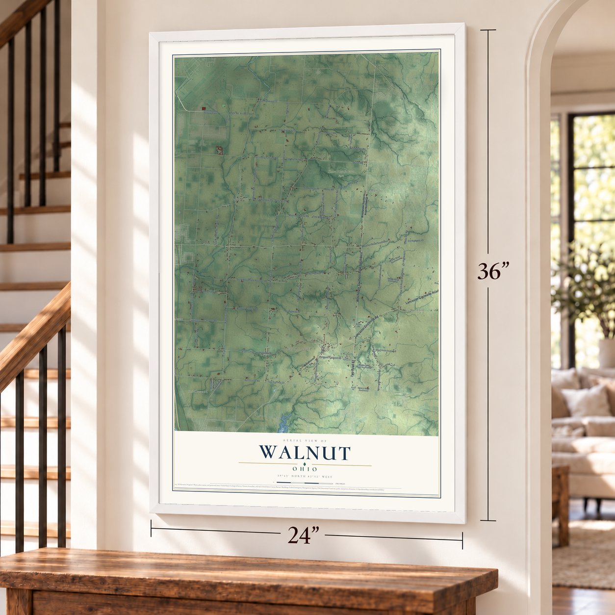 Walnut, Ohio map, 24 x 36 inch print in a white frame by a staircase