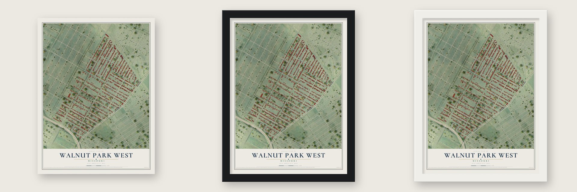 Walnut Park West, Missouri map unframed, in a black wood frame and in a white wood frame