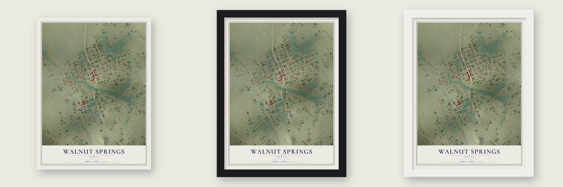 Walnut Springs, Texas map unframed, in a black wood frame and in a white wood frame