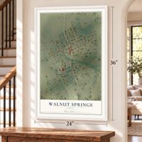 Walnut Springs, Texas map, 24 x 36 inch print in a white frame by a staircase