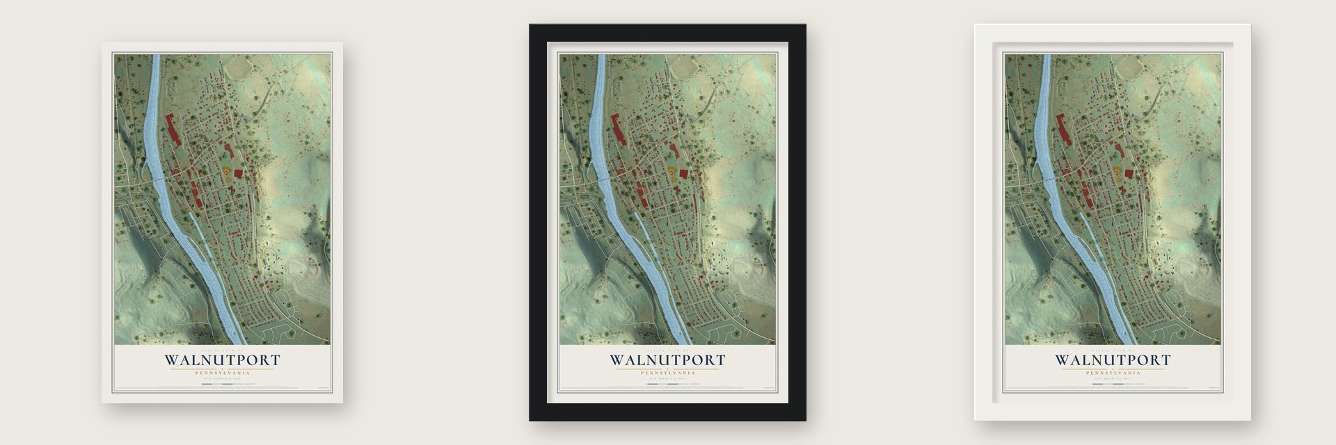 Walnutport, Pennsylvania map unframed, in a black wood frame and in a white wood frame