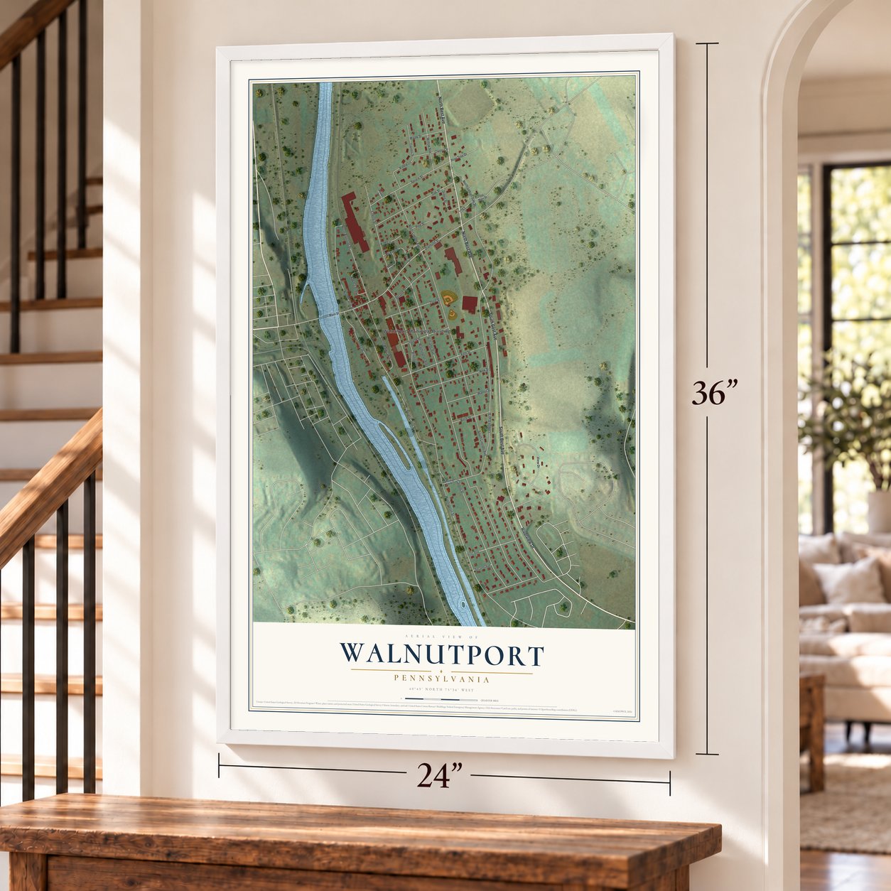 Walnutport, Pennsylvania map, 24 x 36 inch print in a white frame by a staircase