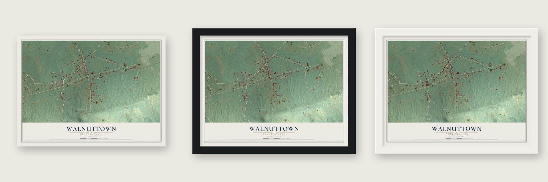 Walnuttown, Pennsylvania map unframed, in a black wood frame and in a white wood frame