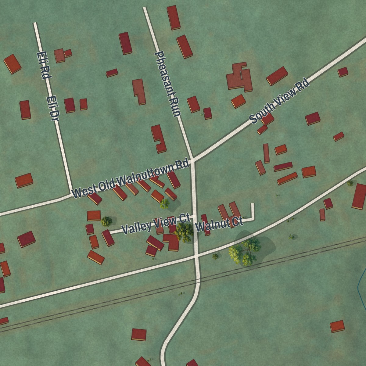 Second close-up of the map of Walnuttown, Pennsylvania print showing more streets and buildings