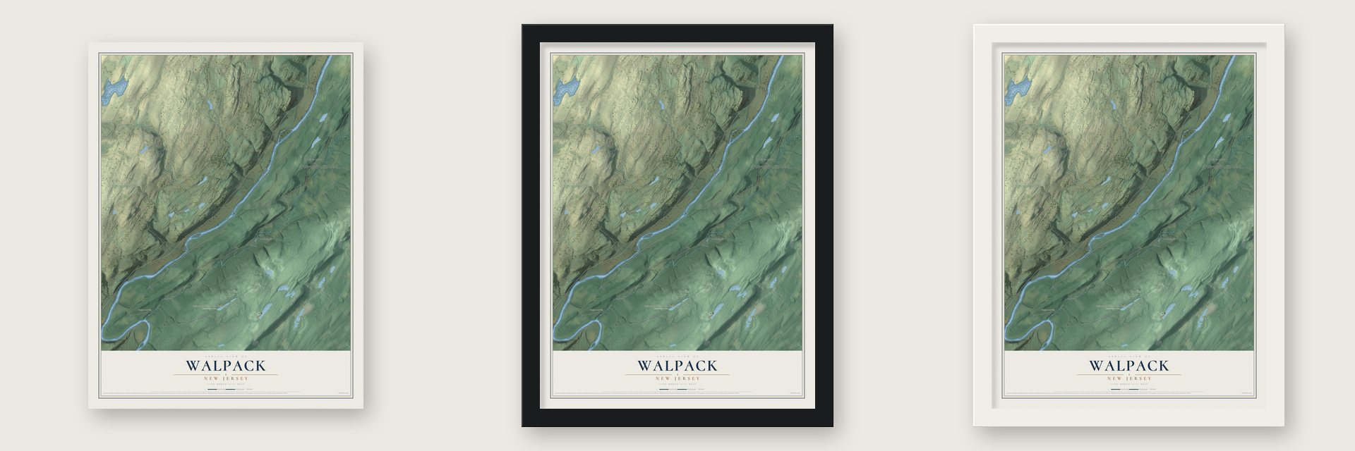Walpack, New Jersey map unframed, in a black wood frame and in a white wood frame