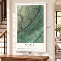 Walpack, New Jersey map, 24 x 36 inch print in a white frame by a staircase