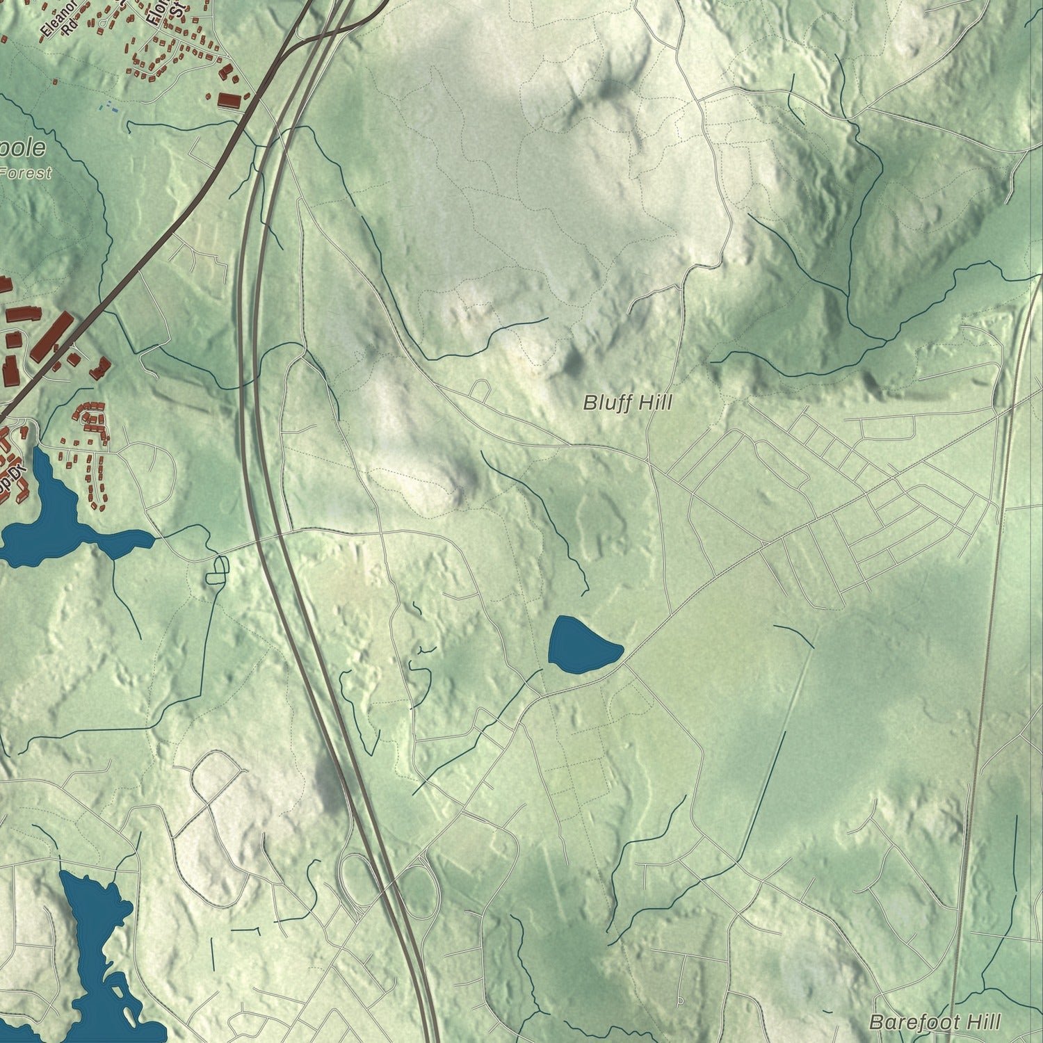 Close-up of the map of Walpole, Massachusetts print showing terrain and local geography