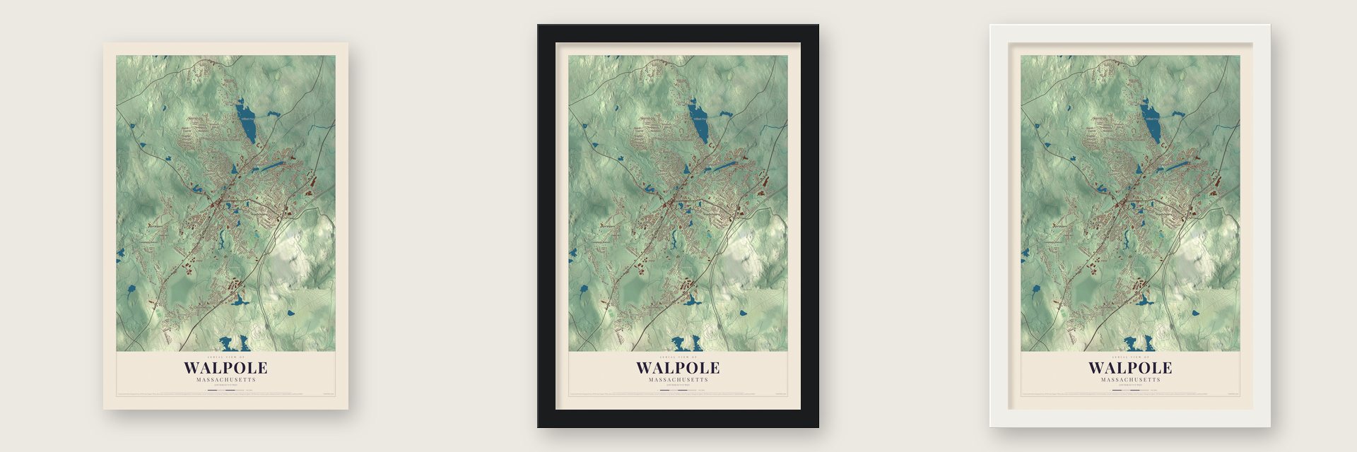 Walpole, Massachusetts map unframed, in a black wood frame and in a white wood frame