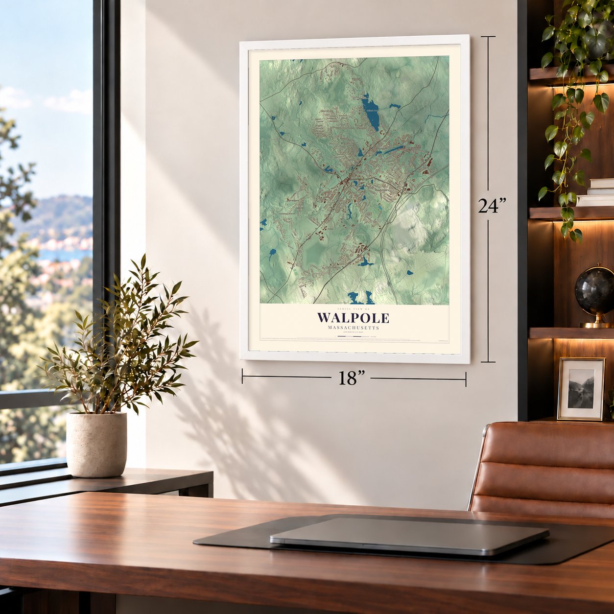 Walpole, Massachusetts map, 18 x 24 inch print in a white frame in a home office