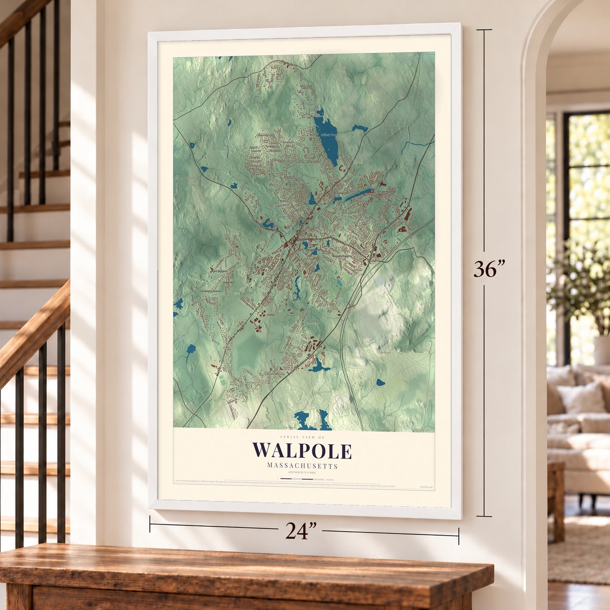 Walpole, Massachusetts map, 24 x 36 inch print in a white frame by a staircase