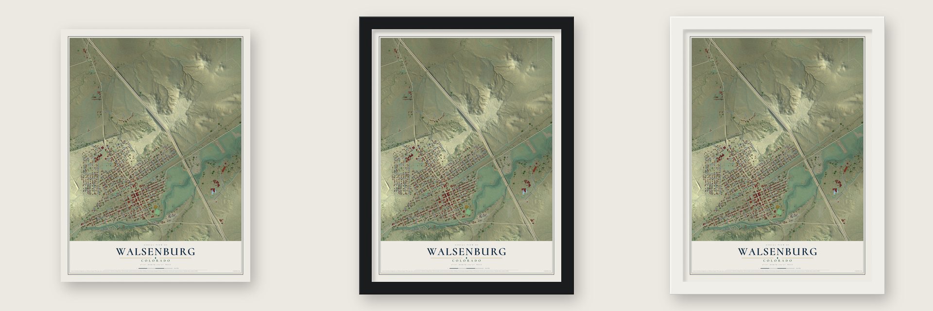 Walsenburg, Colorado map unframed, in a black wood frame and in a white wood frame