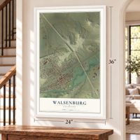 Walsenburg, Colorado map, 24 x 36 inch print in a white frame by a staircase