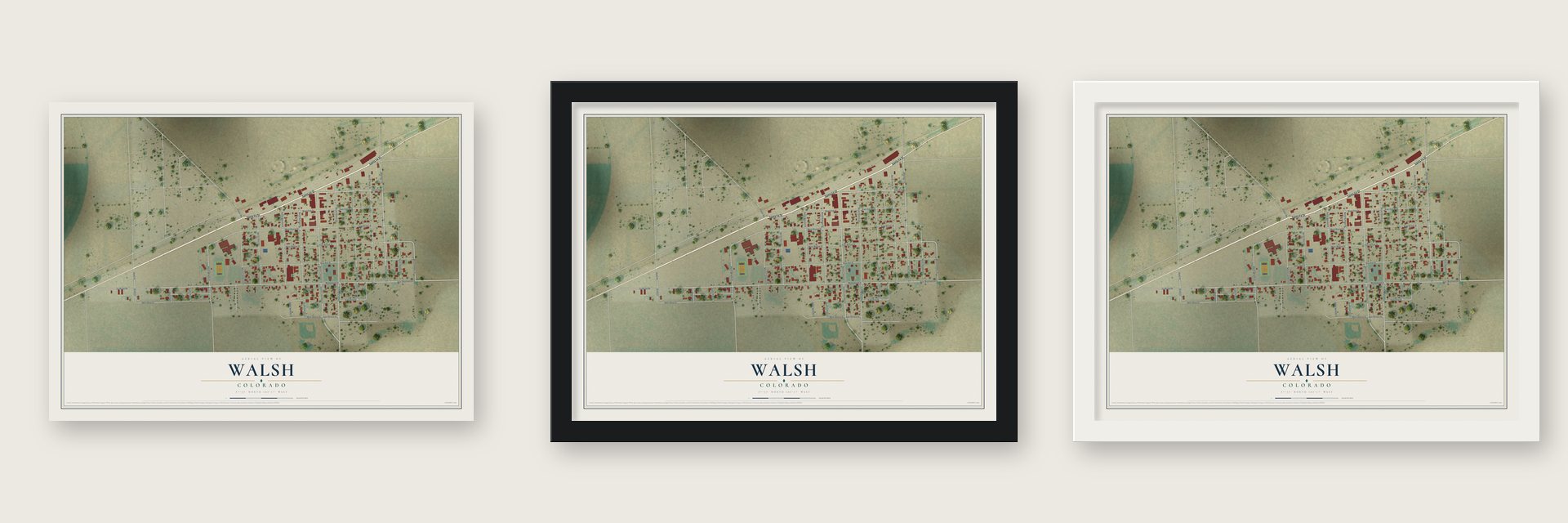 Walsh, Colorado map unframed, in a black wood frame and in a white wood frame