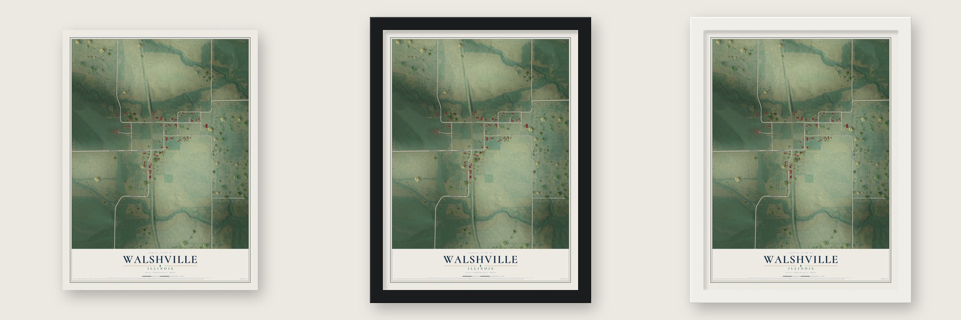 Walshville, Illinois map unframed, in a black wood frame and in a white wood frame