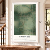 Walshville, Illinois map, 24 x 36 inch print in a white frame by a staircase