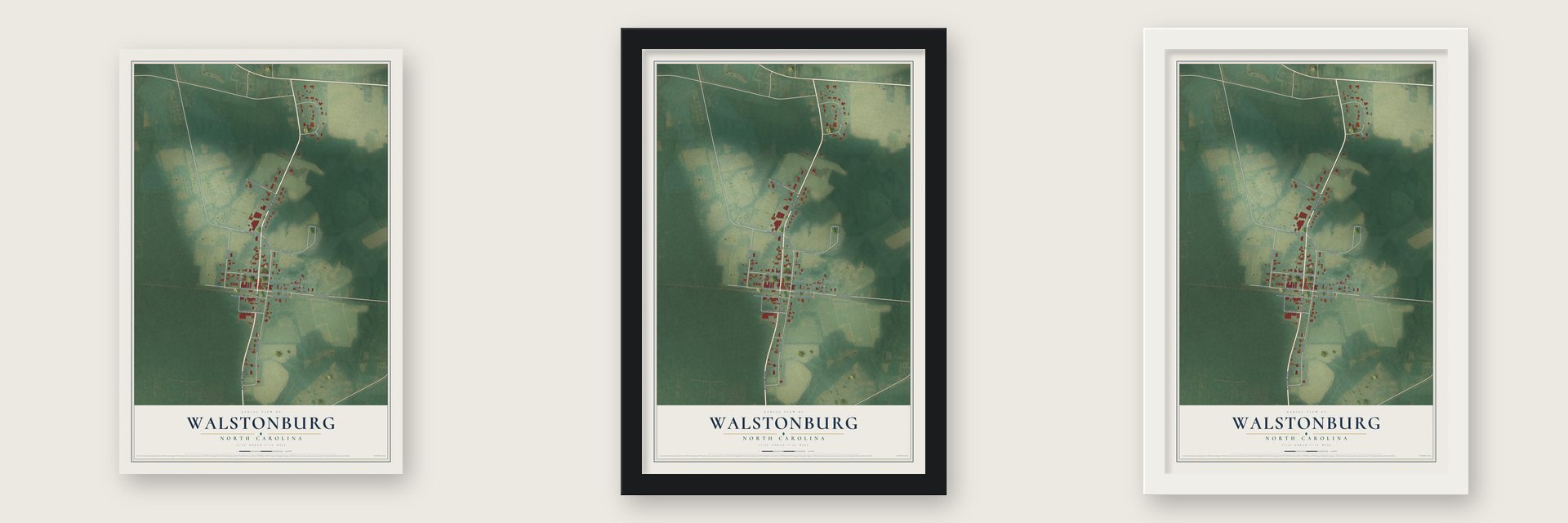Walstonburg, North Carolina map unframed, in a black wood frame and in a white wood frame