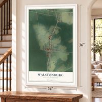Walstonburg, North Carolina map, 24 x 36 inch print in a white frame by a staircase